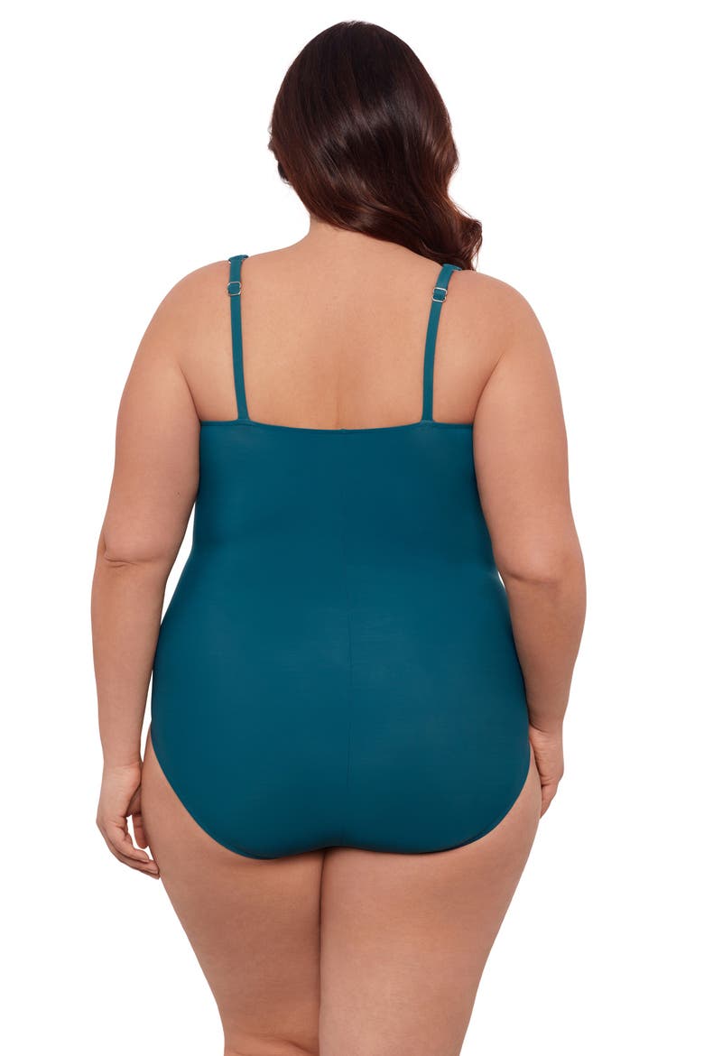 Plus Size V-Neck Surplice Trim Overlay Full Coverage One-Piece Swimsuit, Alternate, color, Lagoon