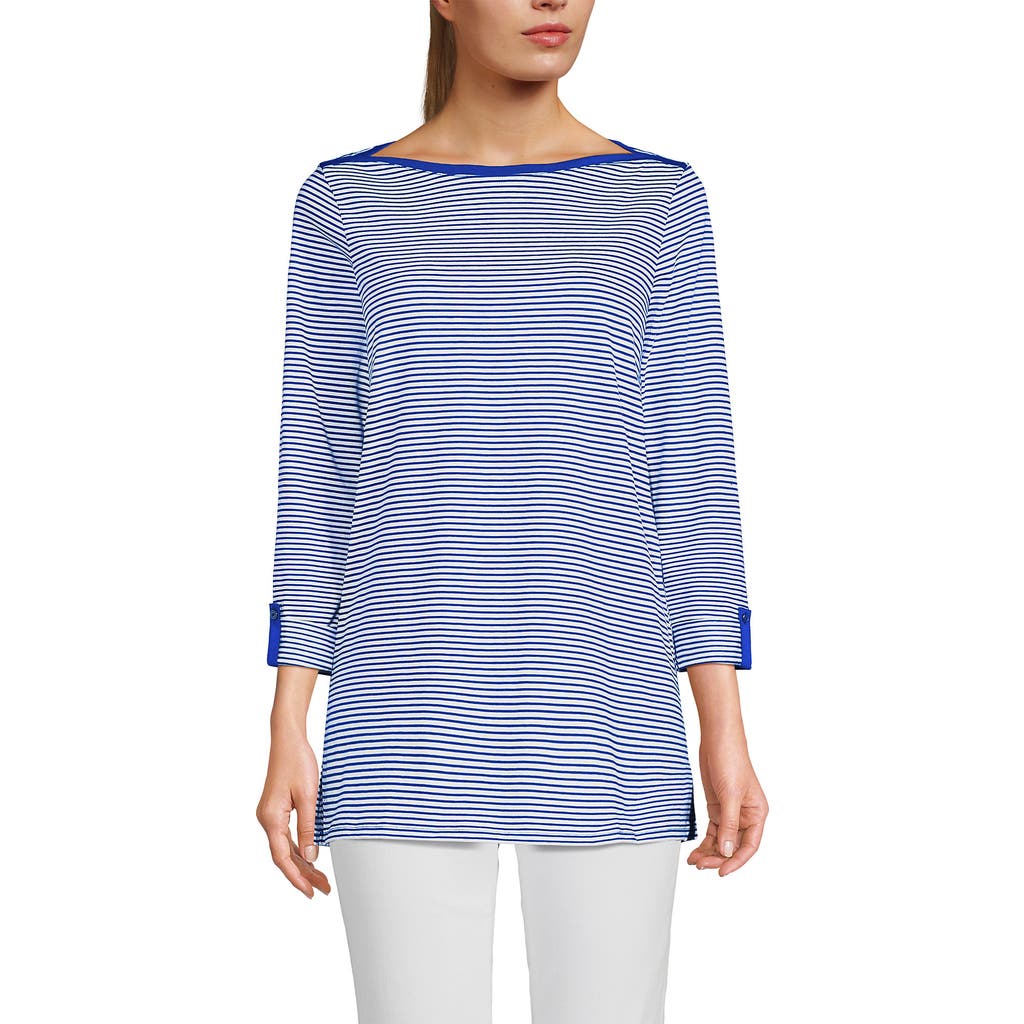 Lands' End Supima Cotton Adjustable 3/4 Sleeve Boatneck Tunic In Cobalt/ivory Micro Stripe