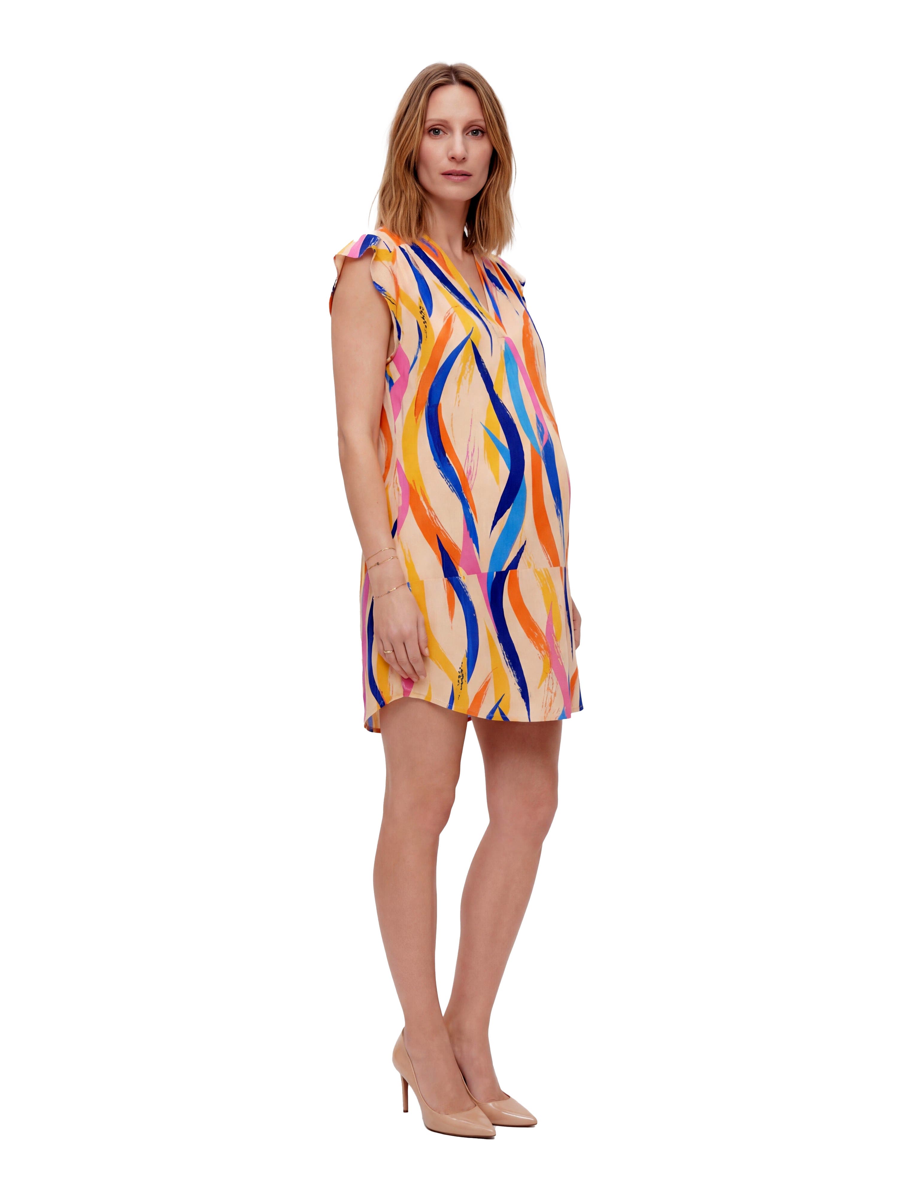 Maternity Essential Abstract Print V-Neck Round Hem Mini Pocket Shift Dress - image 2
