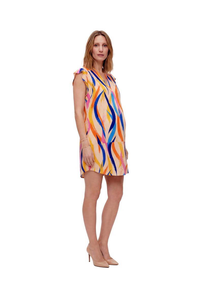 Maternity Essential Abstract Print V-Neck Round Hem Mini Pocket Shift Dress, Alternate, color, Orange Multi