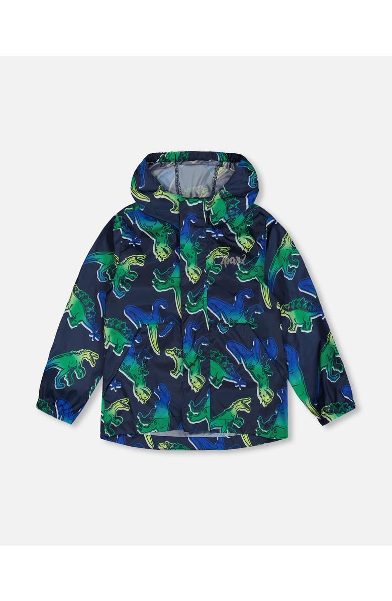 Deux par Deux Little Boy's Printed Packable Windbreaker Blue And Green Dino On Navy, Main, color, Blue And Green Dino On Navy