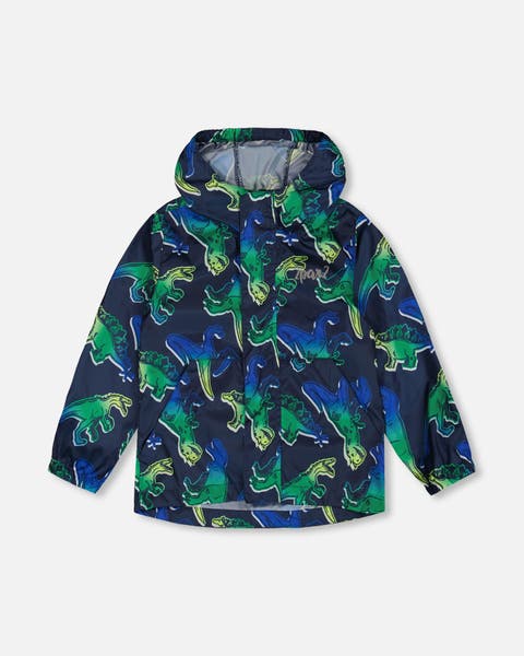Little Boy's Printed Packable Windbreaker Blue And Green Dino On Navy