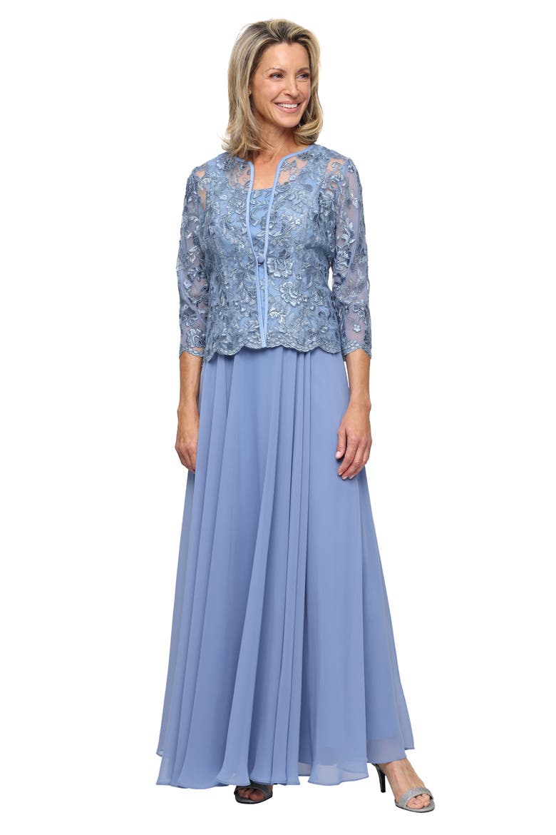 Mixed Media Sleeveless Gown with Embroidered Jacket, Alternate, color, DUSTY BLUE