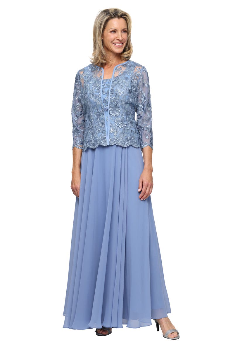 Alex Evenings Mixed Media Sleeveless Gown with Embroidered Jacket, Alternate, color, Dusty Blue