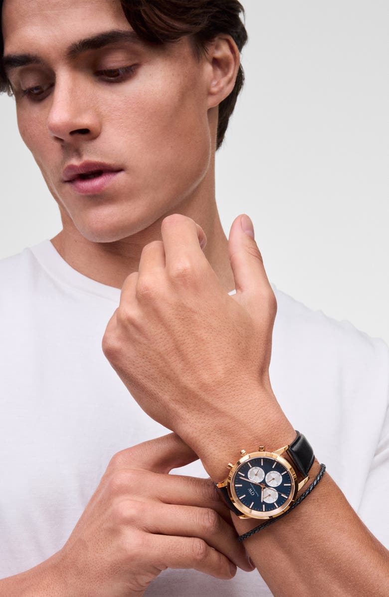 Daniel Wellington Iconic Chronograph Leather Strap Watch, 42mm, Alternate, color, Rose Gold