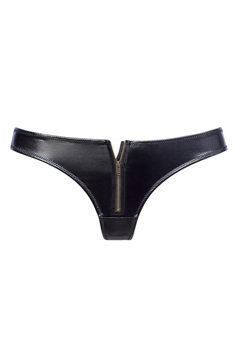 LASCANA Faux Leather Zip Thong, Main, color, Black