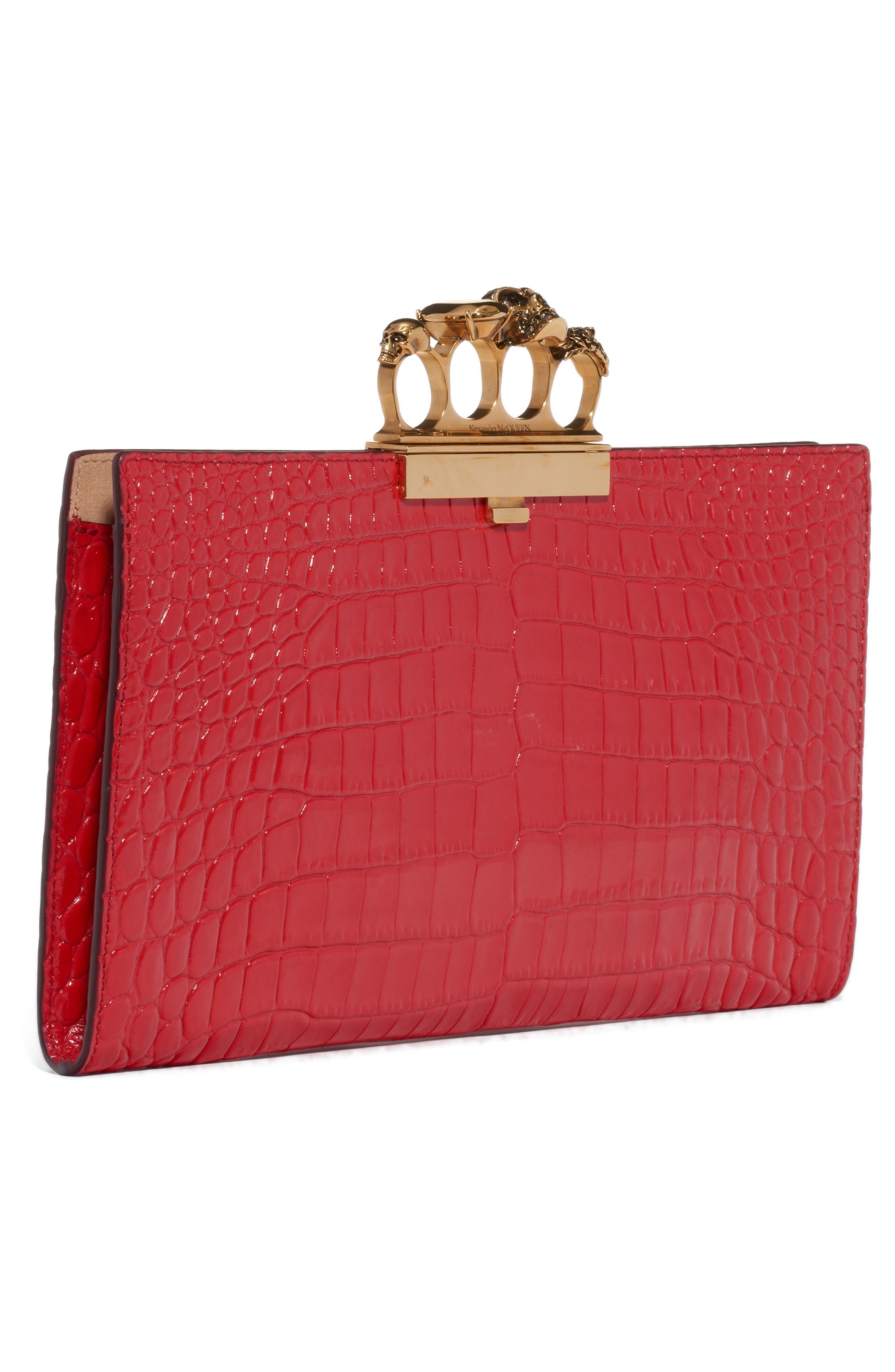Alexander McQueen Four-Ring Knuckle Clasp Croc Embossed Leather Clutch, Alternate, color, DEEP RED