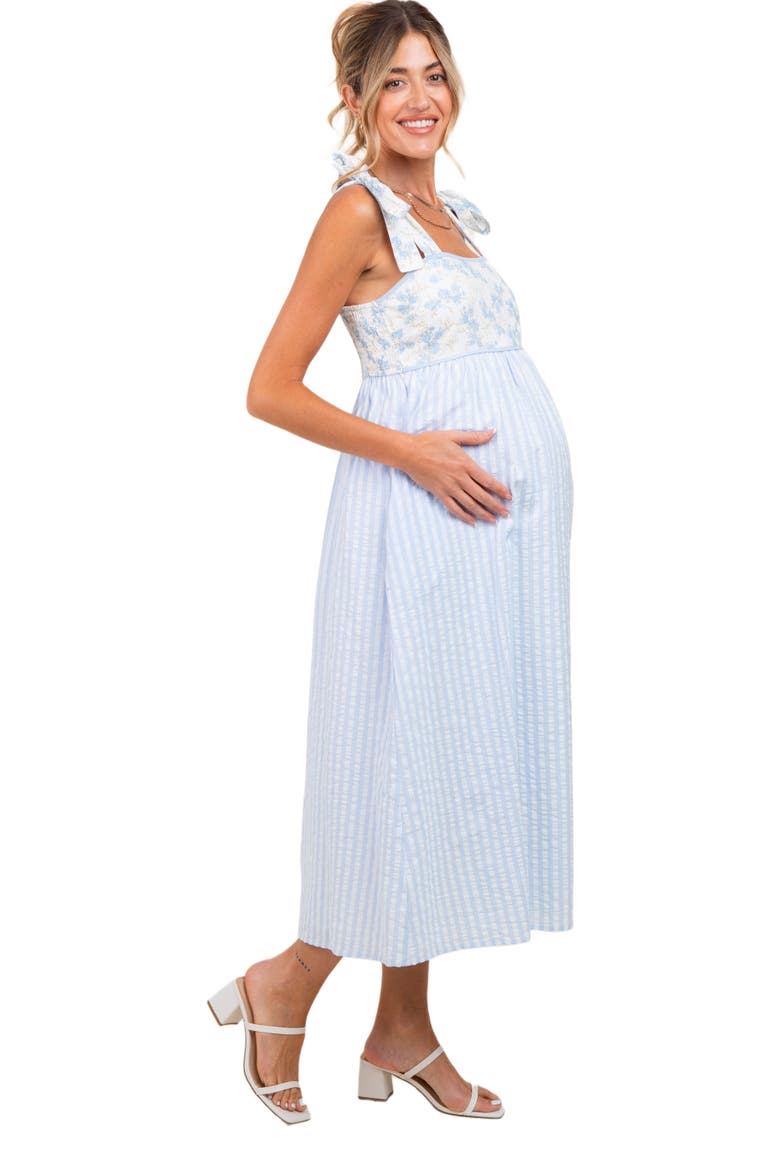 Floral Contrast Stripe Shoulder Tie Midi Dress, Alternate, color, Light Blue