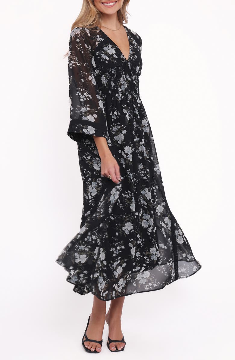 Petal & Pup Mavis Bell Sleeve Maxi Dress, Main, color, Black Floral