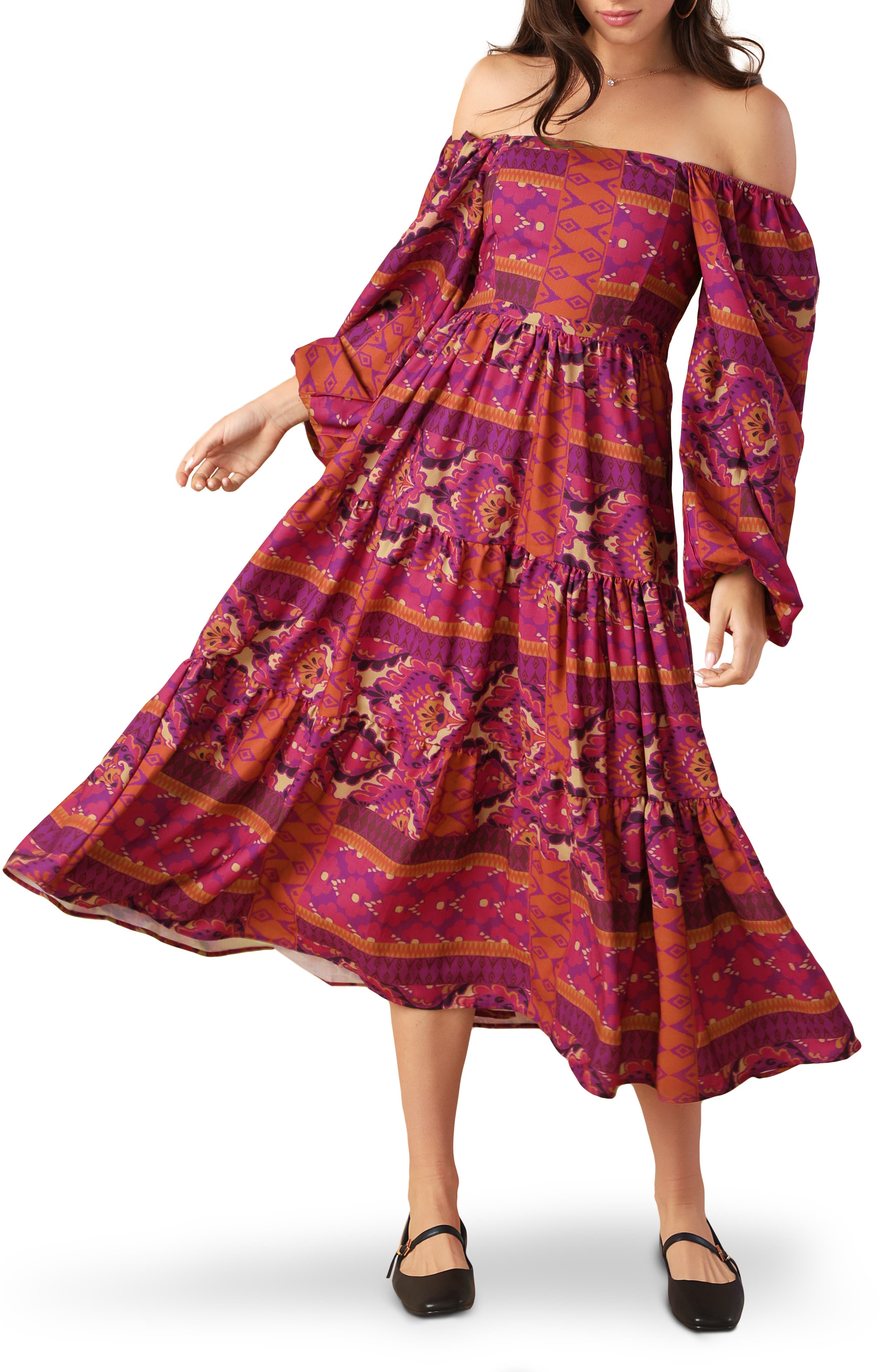 FLYING TOMATO Off the Shoulder Long Sleeve Tiered Midi Dress