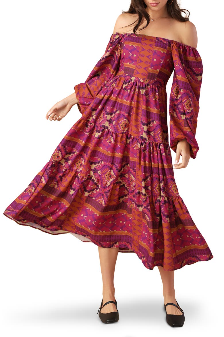 Off the Shoulder Long Sleeve Tiered Midi Dress, Main, color, MAGENTA