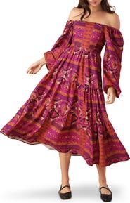 FLYING TOMATO Off the Shoulder Long Sleeve Tiered Midi Dress