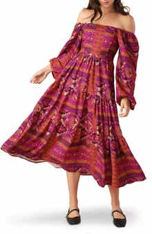 FLYING TOMATO Off the Shoulder Long Sleeve Tiered Midi Dress