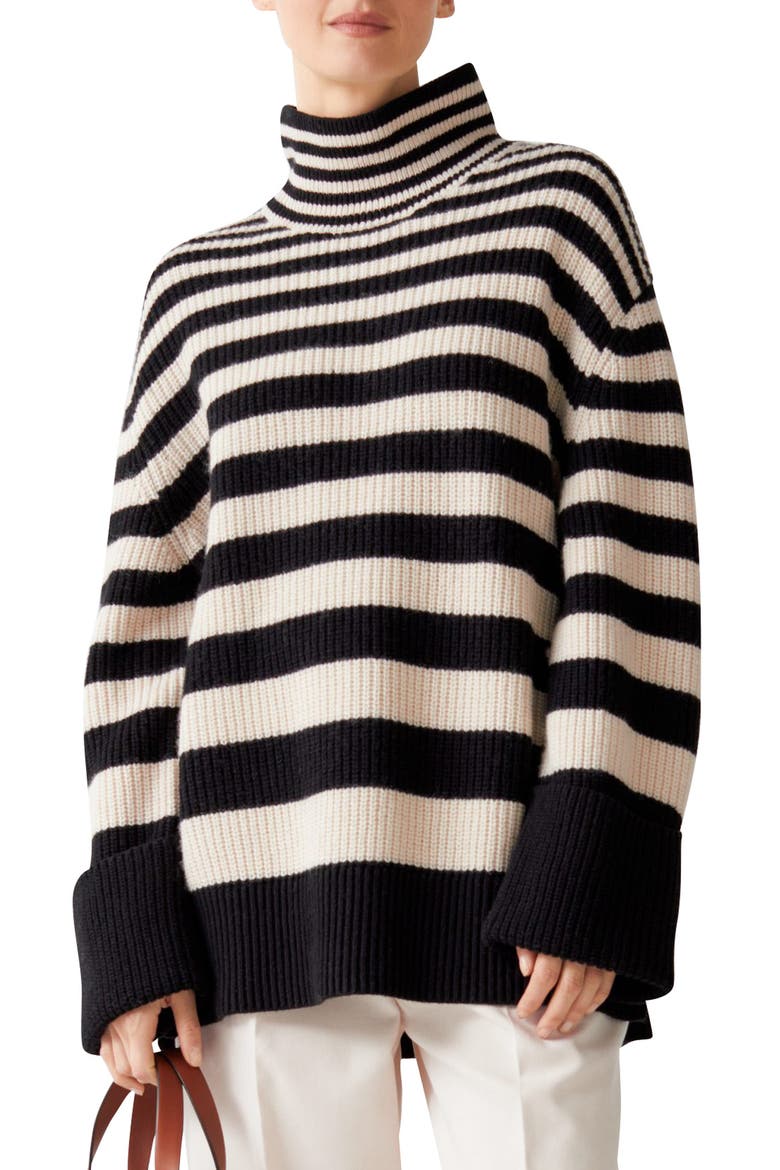 Stripe Turtleneck Wool & Cotton Sweater, Main, color, BLACK/ BEIGE STRIPE