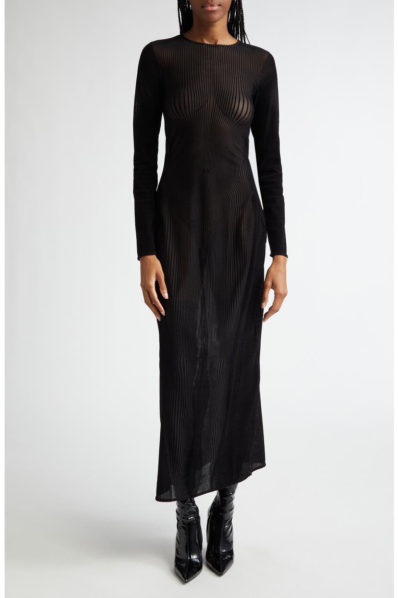 The Morphing Pinstripe Flocked Long Sleeve Sheer Mesh Dress, Main, color, BLACK/ BLACK
