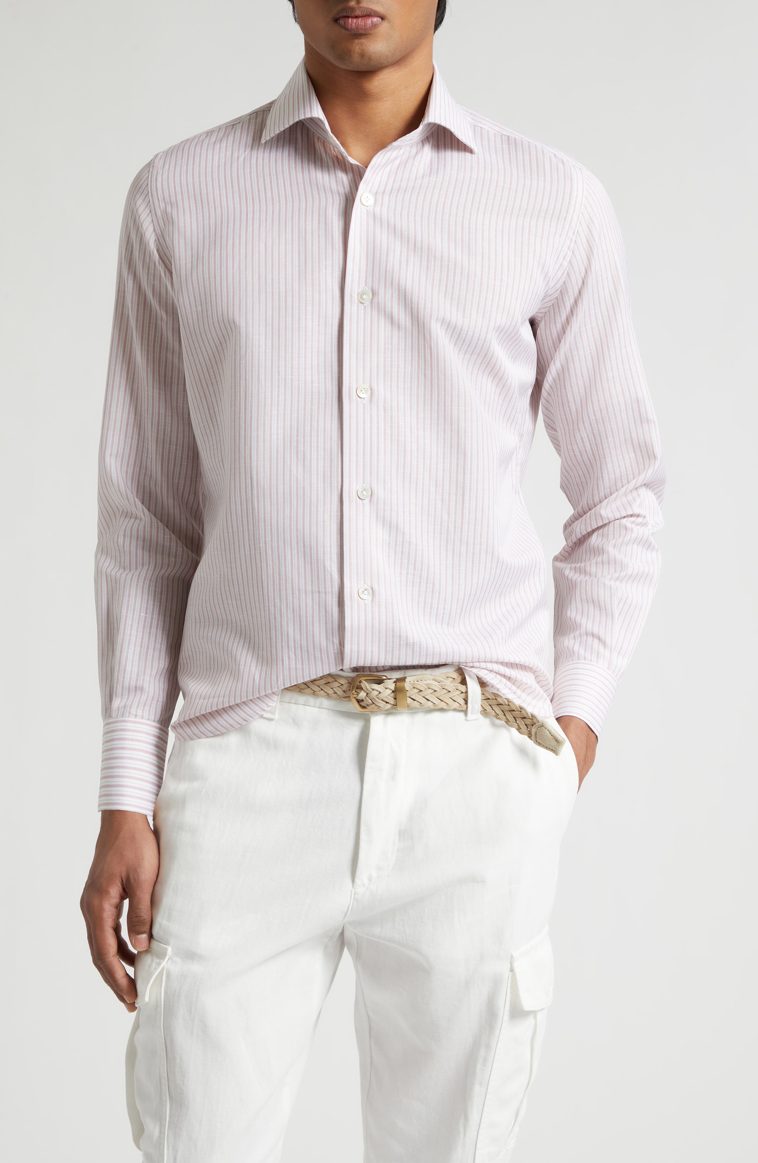 Eleventy Dandy Collar Stripe Cotton & Linen Button-up Shirt