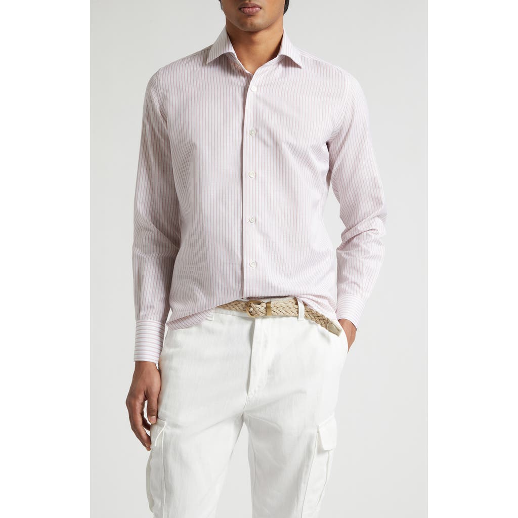 Eleventy Dandy Collar Stripe Cotton & Linen Button-up Shirt