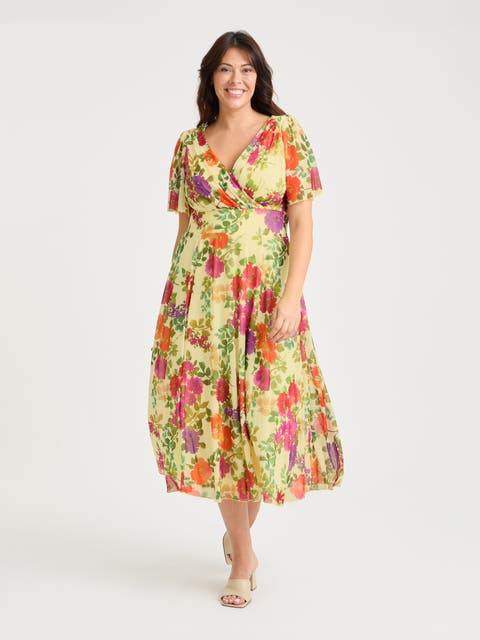 Victoria Floral Angel Sleeve Midi Dress