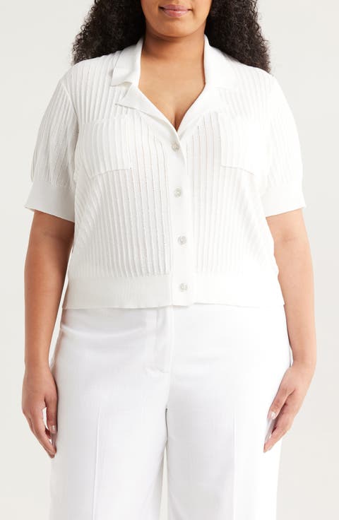 Pointelle Stitch Short Sleeve Cardigan (Plus)