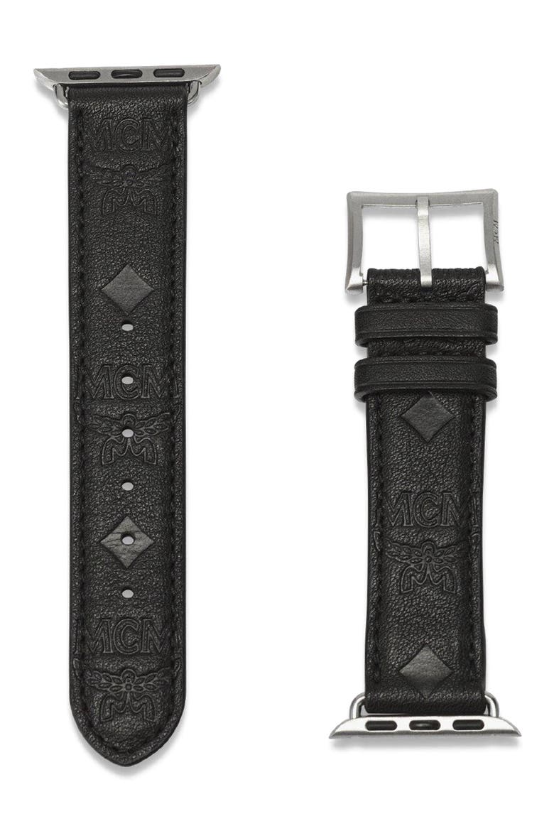 Apple Watch Band in Embossed Monogram Leather, Alternate, color, Black
