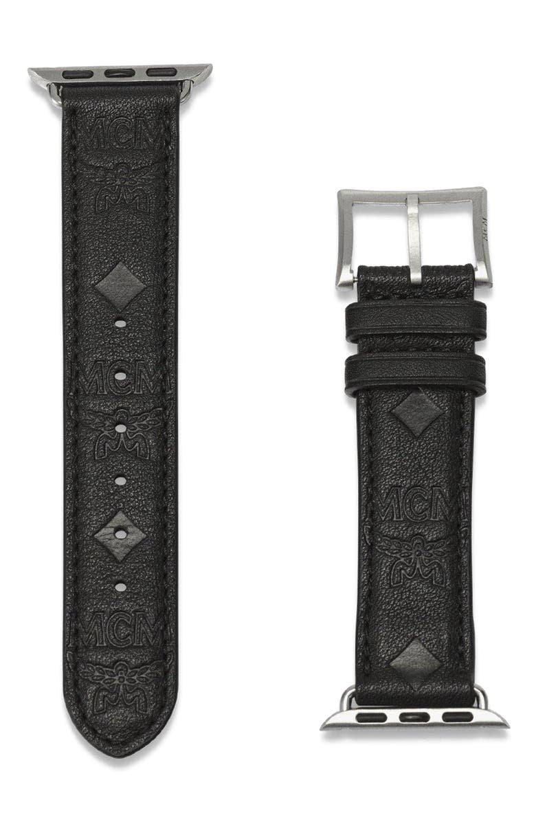 MCM Apple Watch Band in Embossed Monogram Leather, Alternate, color, Black