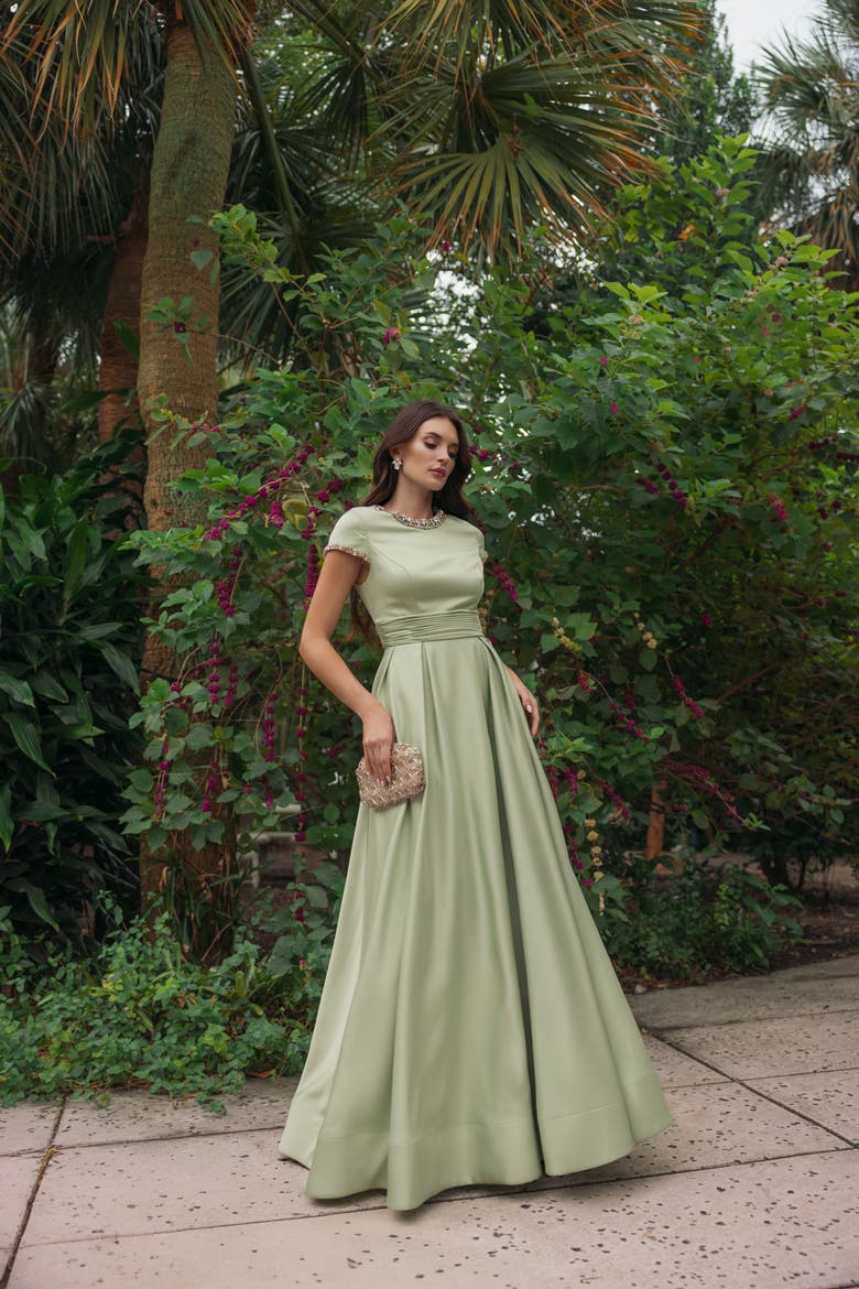 Petite Embellished Satin Cap Sleeve Ball Gown, Alternate, color, Sage