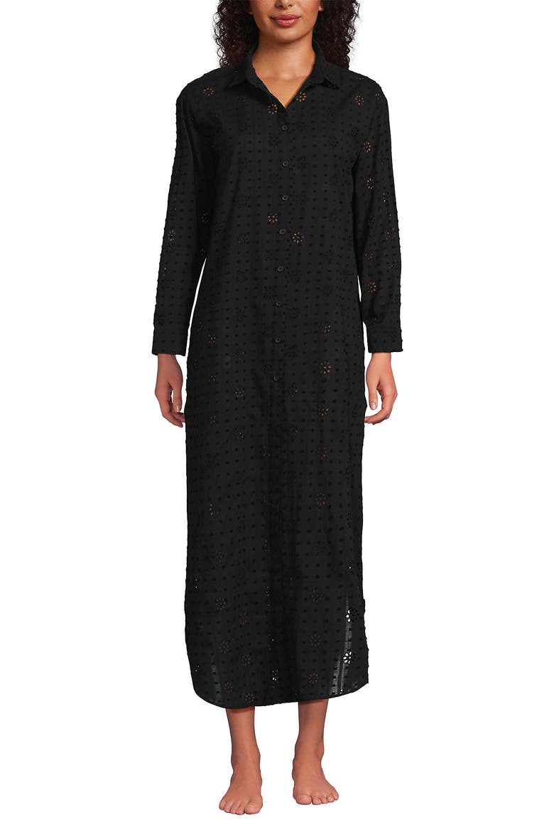 Eyelet Button Down Maxi Cover-up Dress, Main, color, Black