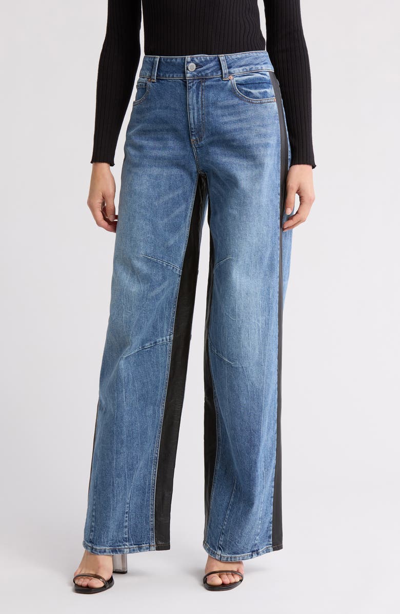 Alice + Olivia Parker Faux Leather Panel Wide Leg Jeans, Main, color,