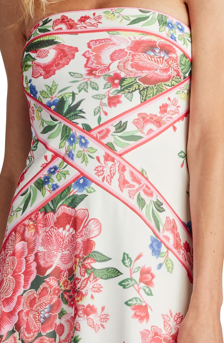 Tadashi Shoji Scarf Print Fringe Detail Strapless Cocktail Midi Dress, Alternate, color, White/ Fuchsia Floral