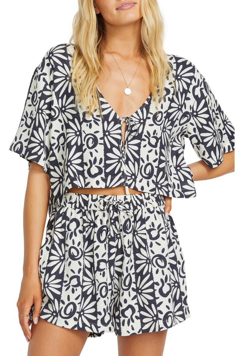 Sunflower Print Poplin Drawstring Shorts, Main, color, BLACK SANDS
