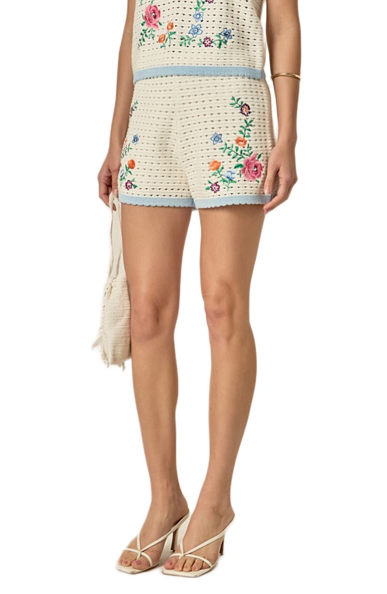 English Factory Embroidered Cotton Crochet Shorts, Alternate, color, Off White