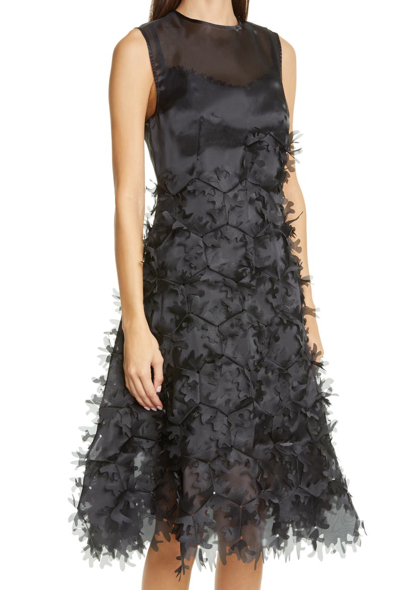 Laser Cut Appliqué Hexagon Organza Midi Dress, Alternate, color, BLACK