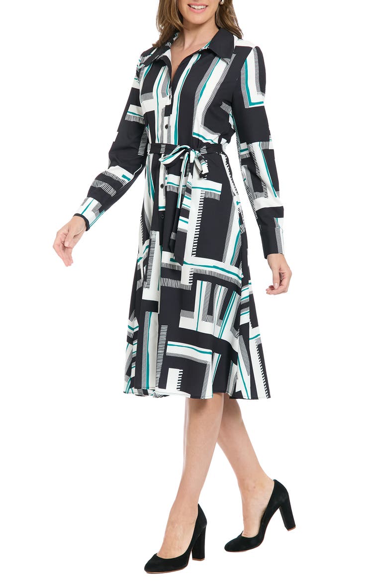 Tie Waist Long Sleeve Shirtdress, Alternate, color, BLACK/ S GREEN