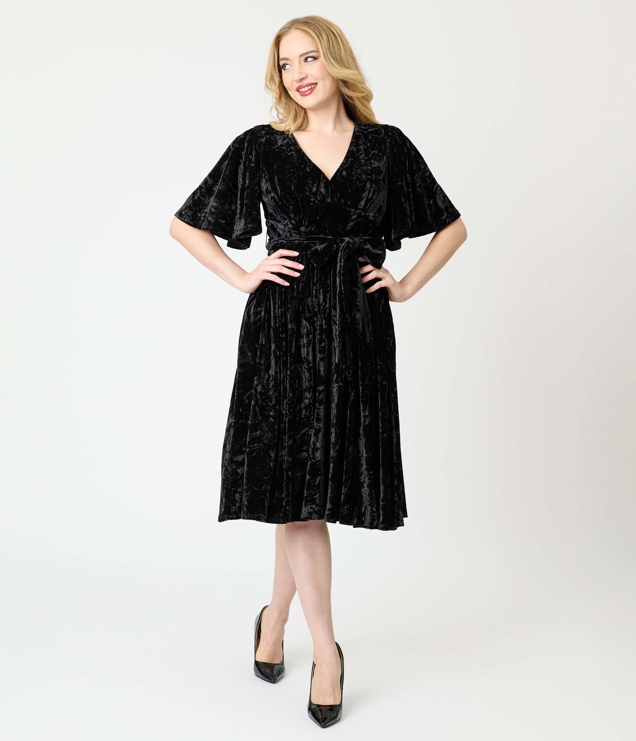 Unique Vintage 1940s Velvet Flutter Sleeve Swing Dress In Multi