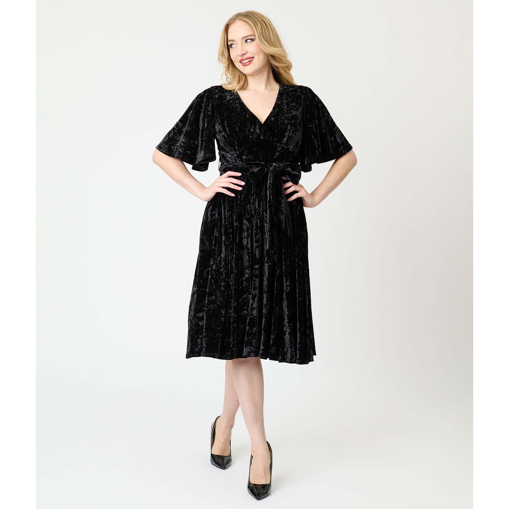 Unique Vintage 1940s Velvet Flutter Sleeve Swing Dress In Multi