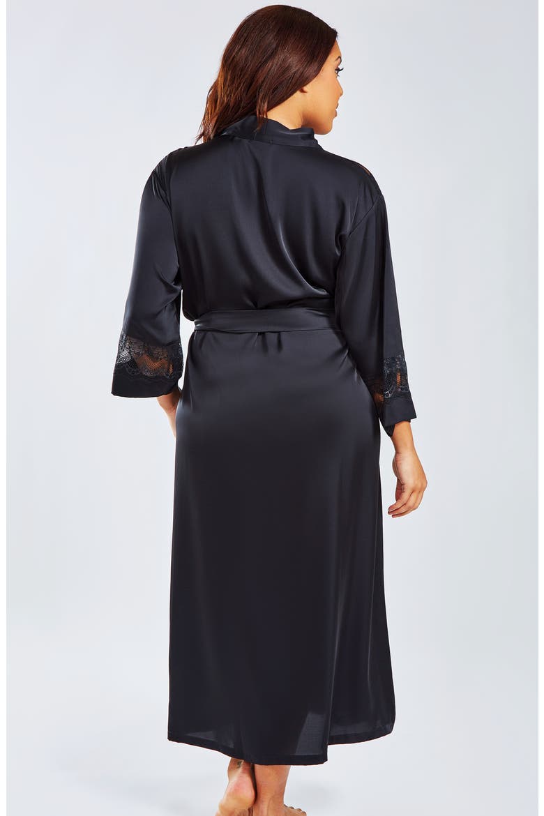 Lace Trim Satin Long Robe, Alternate, color, Black