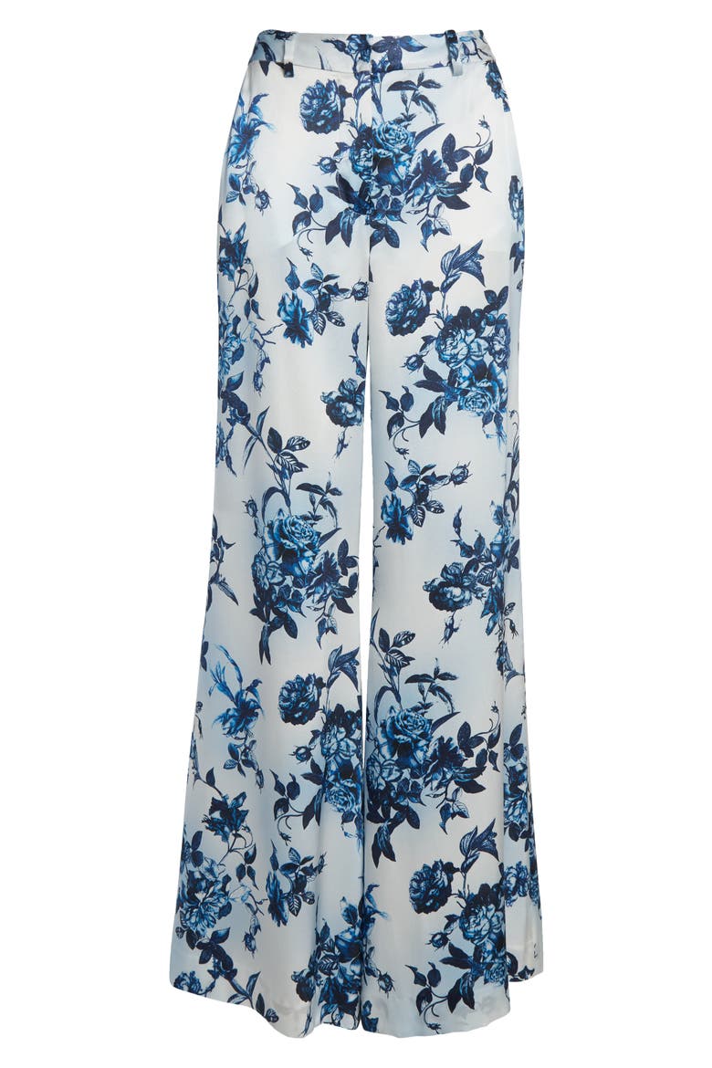 Pilar Rose Print Wide Leg Silk Pants, Alternate, color, WHITE/ BLUE PAINTERLY FLORAL