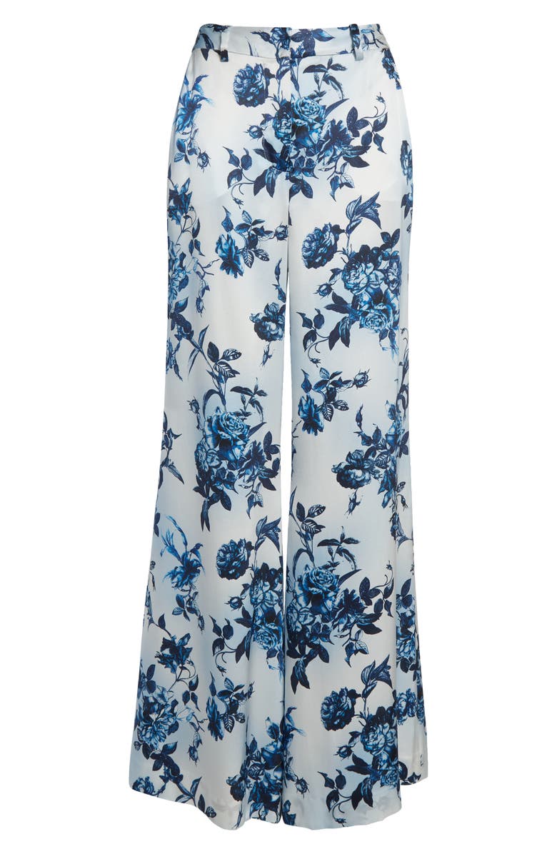 L'AGENCE Pilar Rose Print Wide Leg Silk Pants, Alternate, color, White/ Blue Painterly Floral