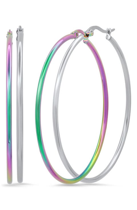 HMY JEWELRY Mutli Color Ion Plated Stainless Steel 55mm Hoop Earrings
