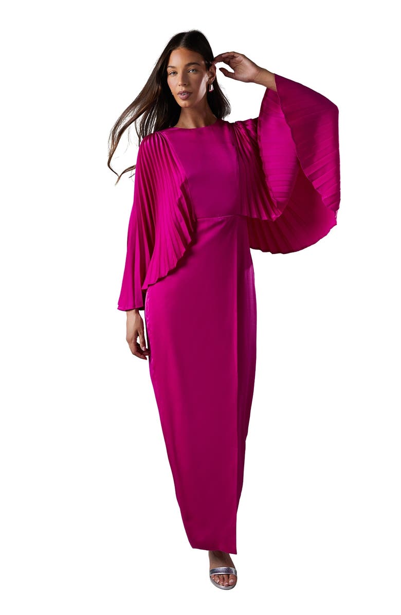 Coast Short Sleeve Pleated Cape Maxi Dress, Main, color, Magenta