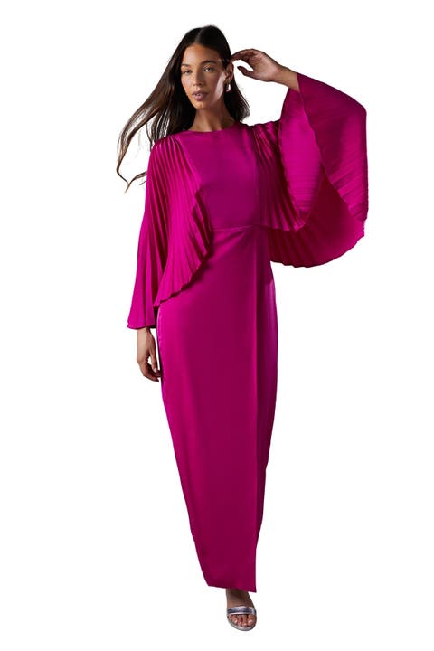 Short Sleeve Pleated Cape Maxi Dress