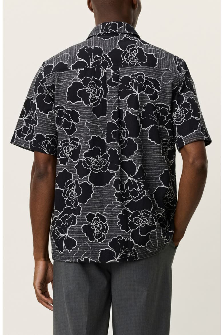 Charlie Poppy Pattern Short Sleeve Knit Cotton Blend Button-Up Shirt, Alternate, color, BLACK