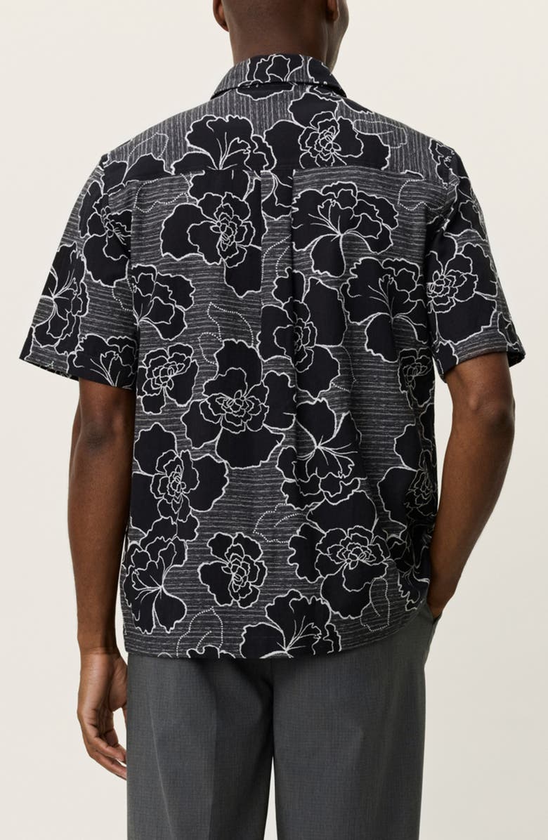 Les Deux Charlie Poppy Pattern Short Sleeve Knit Cotton Blend Button-Up Shirt, Alternate, color, Black