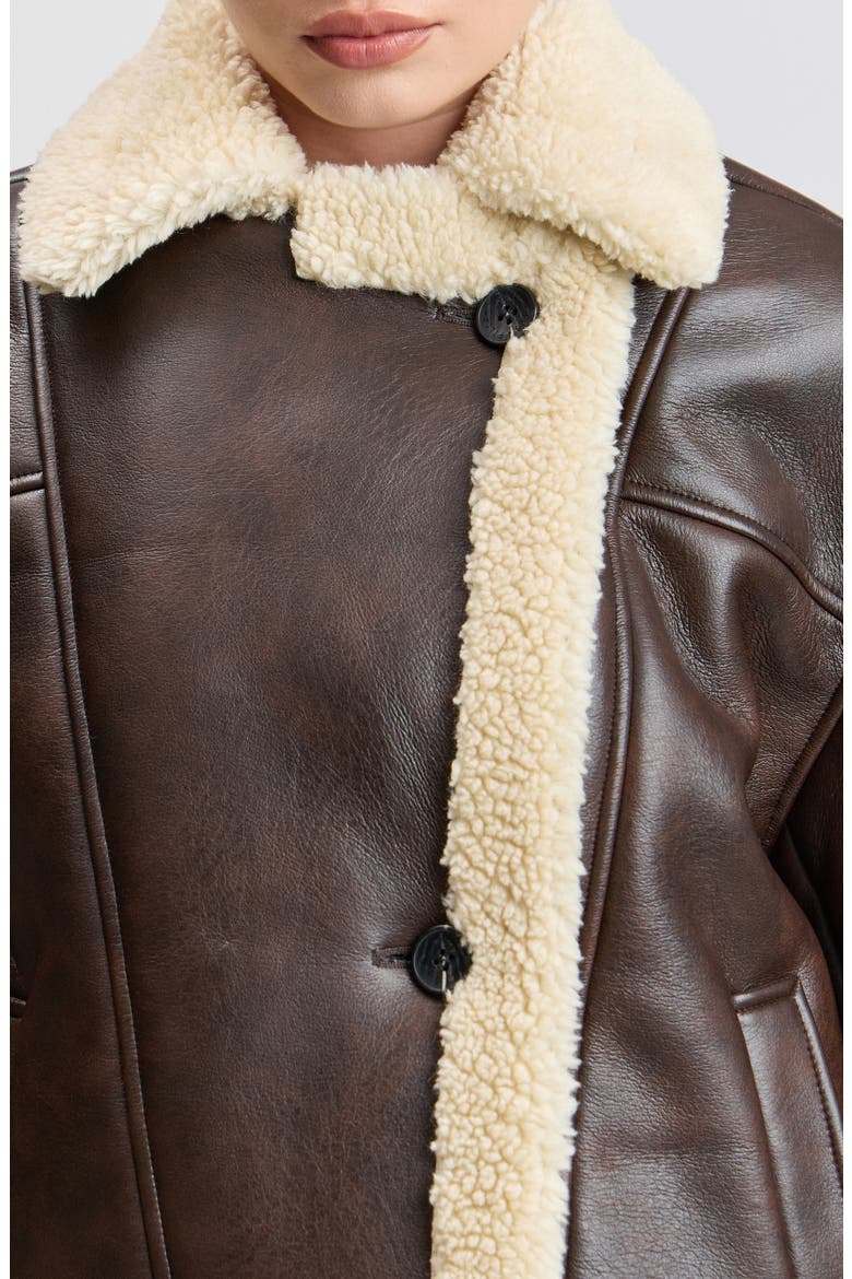 Faux Leather & Faux Shearling Notch Collar Jacket, Alternate, color, DARK CHESTNUT