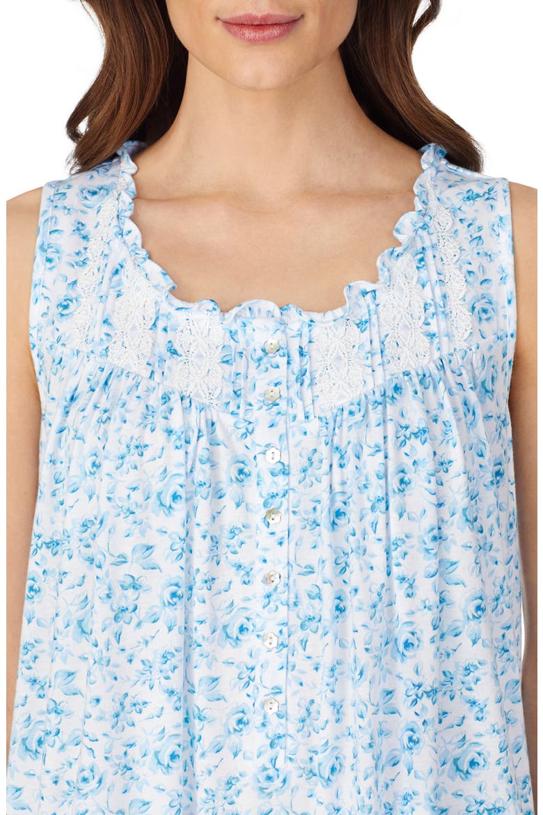 Lace Trim Rose Print Ballet Nightgown, Alternate, color, WHITE GROUND TEAL MONO FLORAL