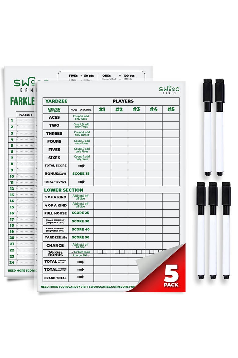 5 Pack of Yardzee & Farkle Scorecards with Markers, Main, color, White