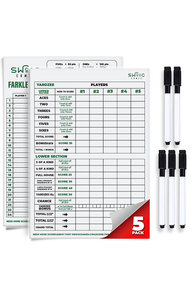 Swooc Games 5 Pack of Yardzee & Farkle Scorecards with Markers, Main, color, White