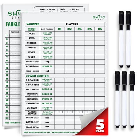 5 Pack of Yardzee & Farkle Scorecards with Markers
