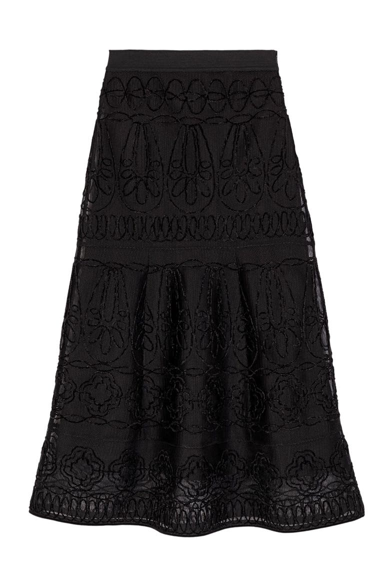 Embroidered basket-weave knit skirt, Main, color, Black