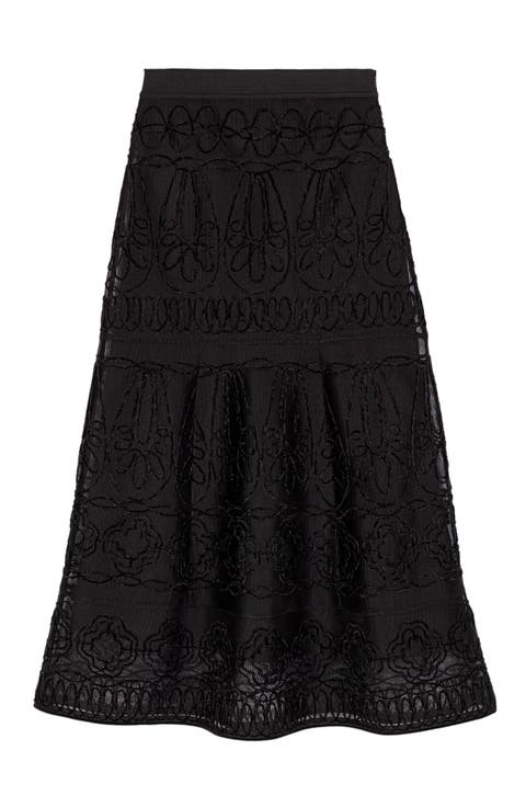 Embroidered basket-weave knit skirt
